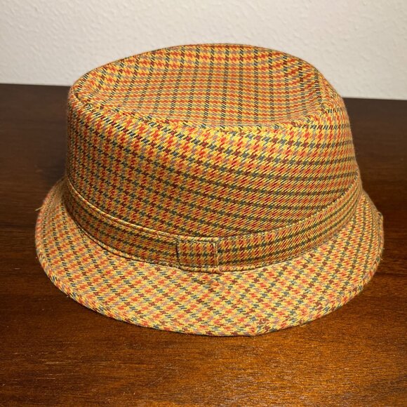 Houndstooth Fedora Indie Hipster Patterned Tan Checkered 50s 60s Retro Hat - Picture 6 of 9
